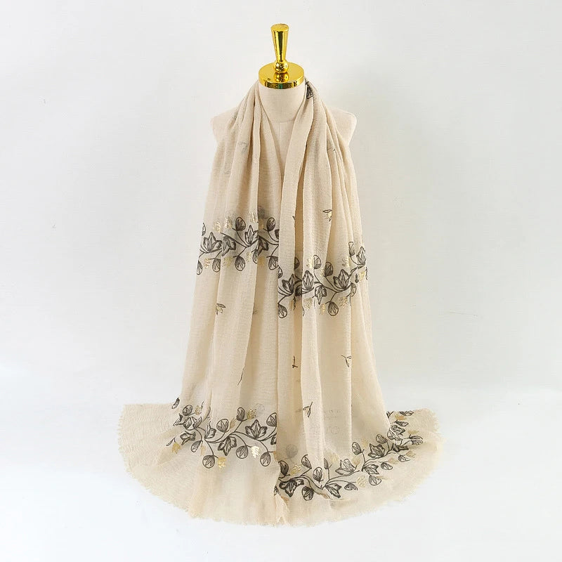 Damen Baumwoll-Leinen Schal Gold Bedruckt Quadratisch Kleine Blumenmuster