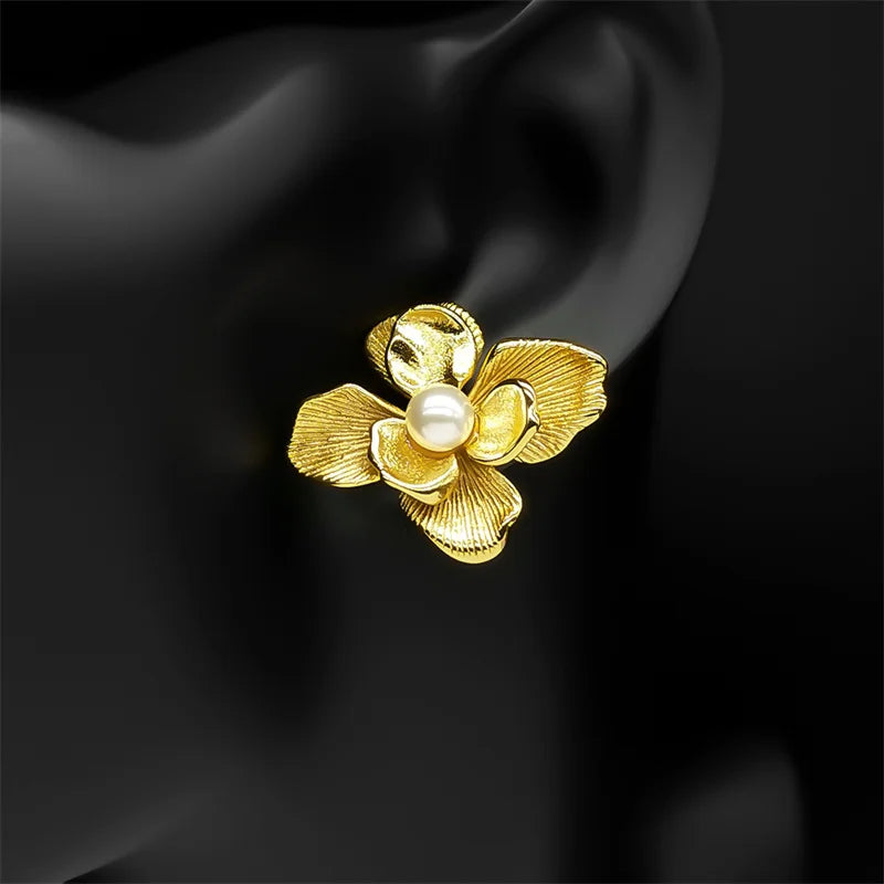 Gardenia Blume Imitation Perlen Ohrringe Edelstahl Gold Farbe Damen