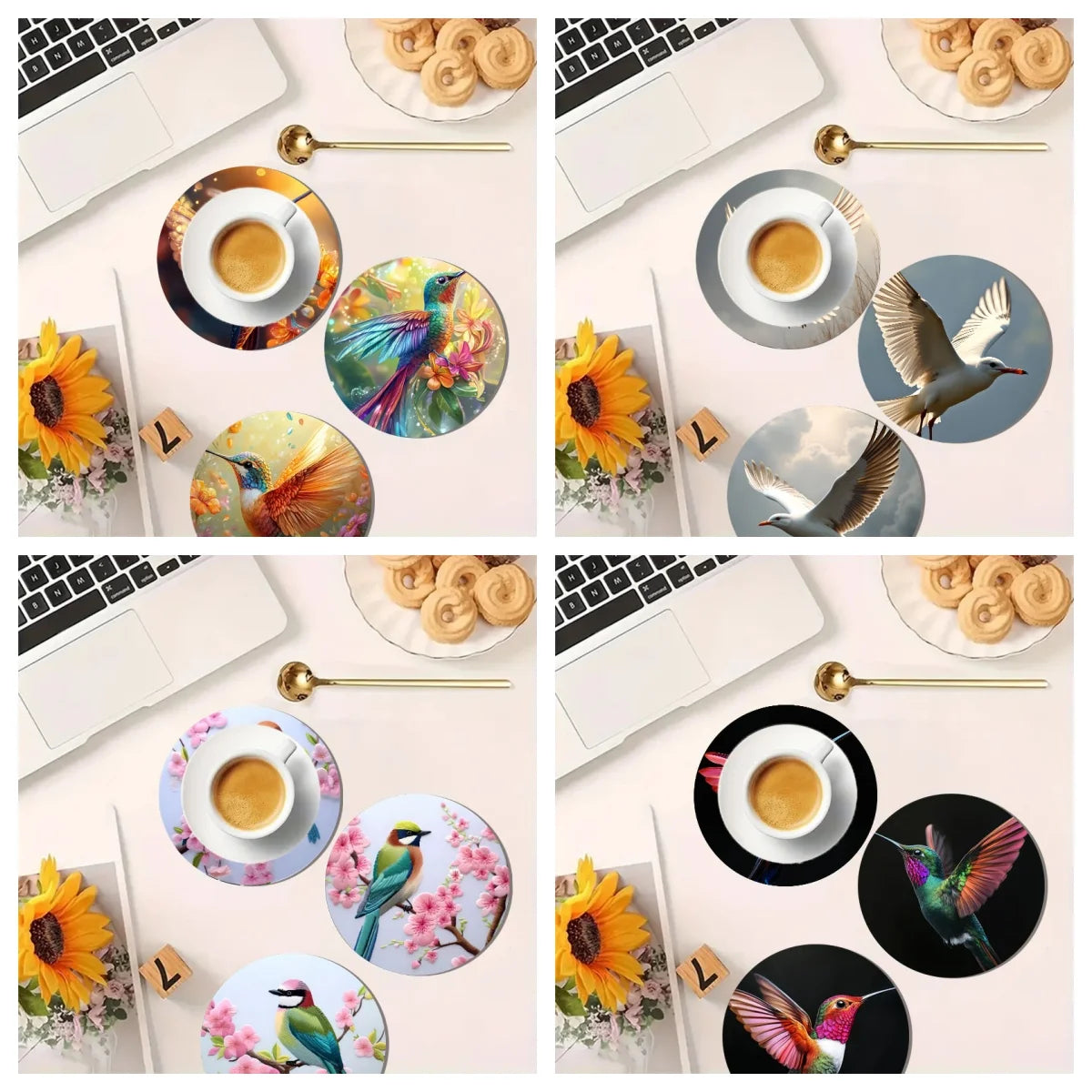 4er Set bunte rutschfeste Holzuntersetzer ideal für Küche Büro Party