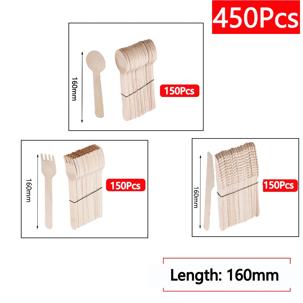 Einweg-Holzbesteck 16 cm 10/150/500 Stück Gabel Löffel Messer Set