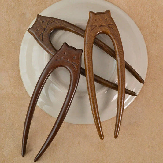 Sandelholz U-Haarnadel Antik Stil mit Katze für Haar Styling Bad Accessoire