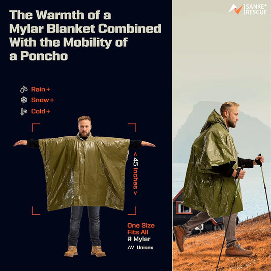 Wasserdichter Notfall-Poncho mit Aluminiumfolie – Wärmend - leicht, 130x100 cm