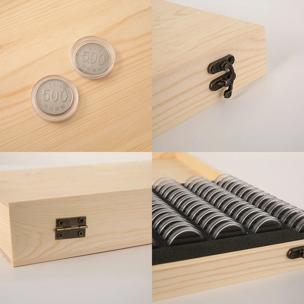 Universelle Münzaufbewahrungsbox aus Holz mit 100 transparenten Kapseln