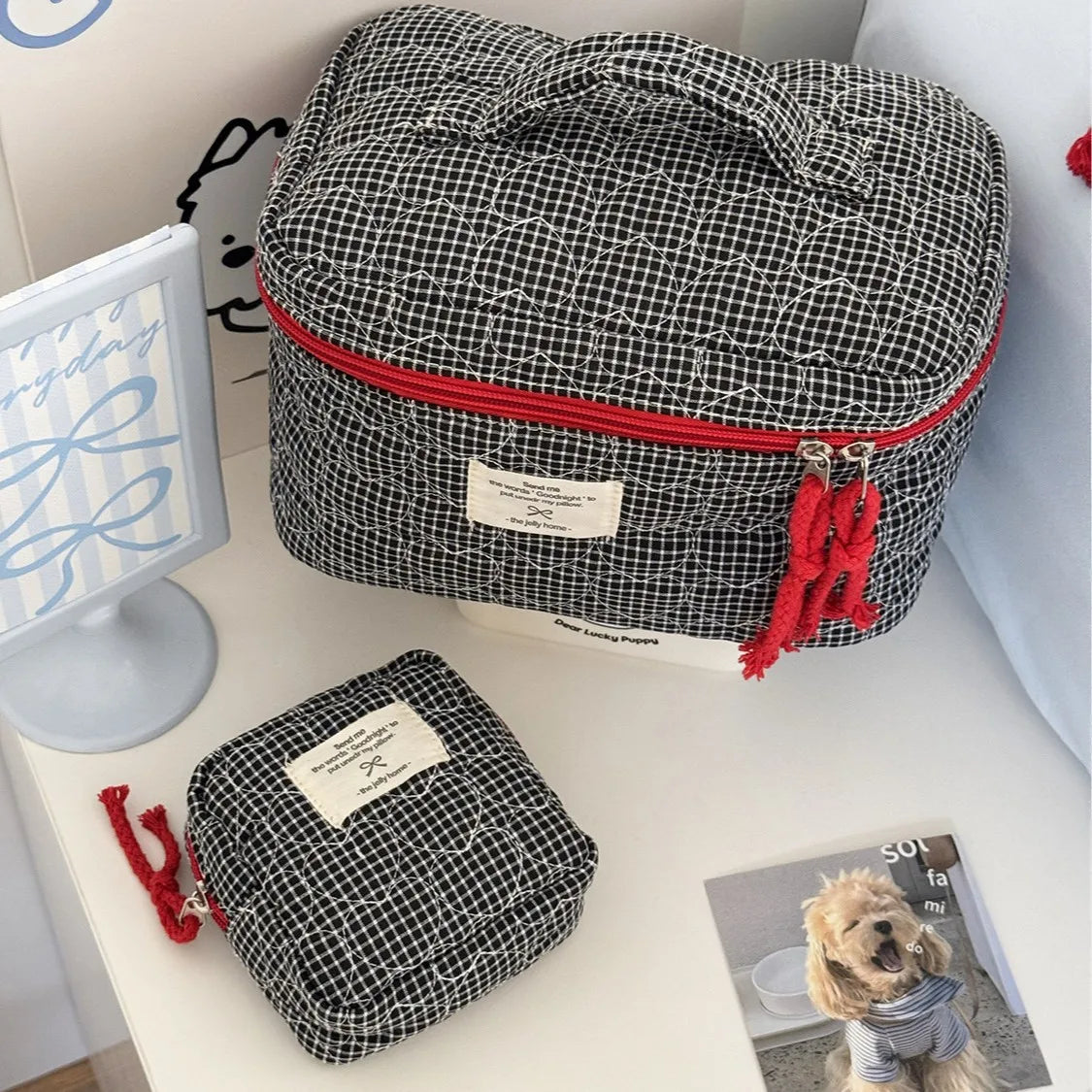 Gesteppte herzförmige karierte Damen Kosmetiktasche große Kapazität