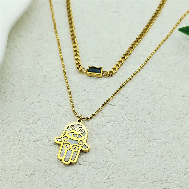 Hamsa Hand Türkisches Auge Kristall Halskette Edelstahl Gold Doppelschicht