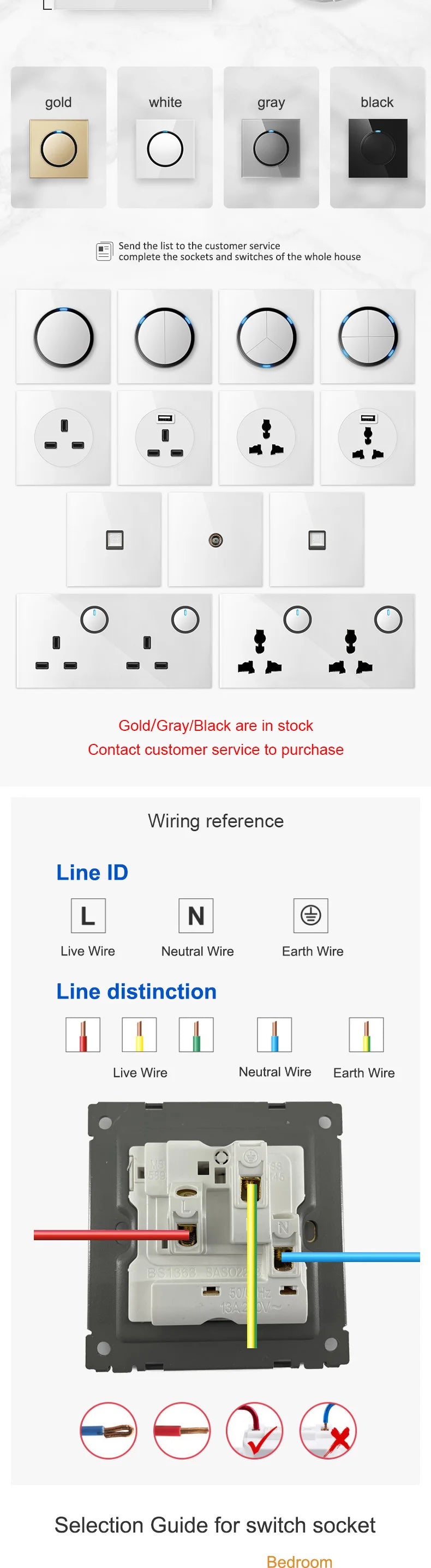 YINKA Lichtschalter mit goldener Glasscheibe für Zuhause EU Standard