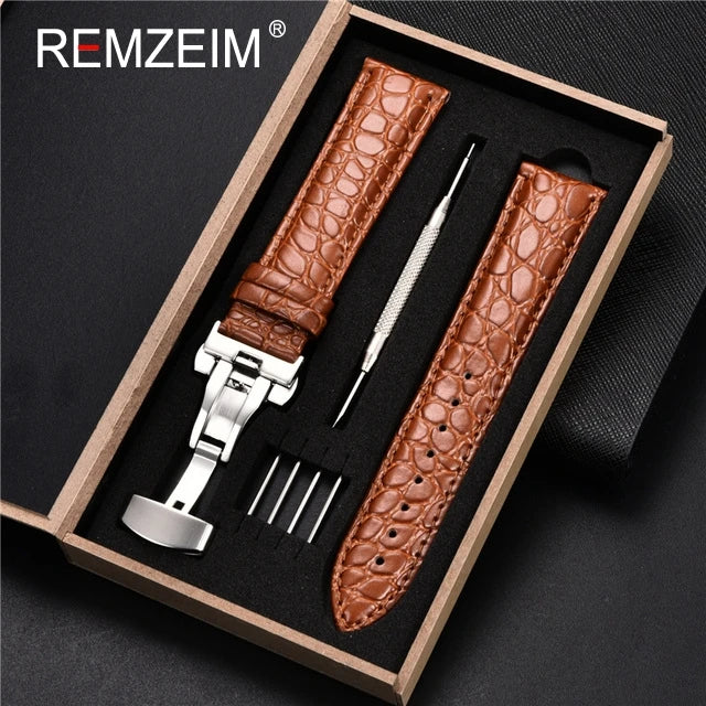 Geprägtes Leder Uhrenarmband 18-24mm mit Schmetterlingsverschluss