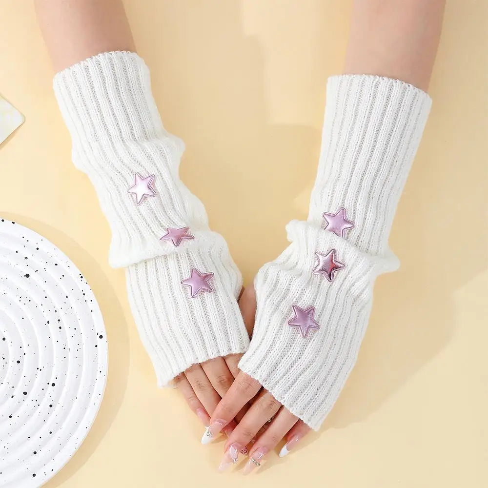 Lange Fingerlose Strickhandschuhe mit Stern Damen 30cm Armstulpen Freizeit