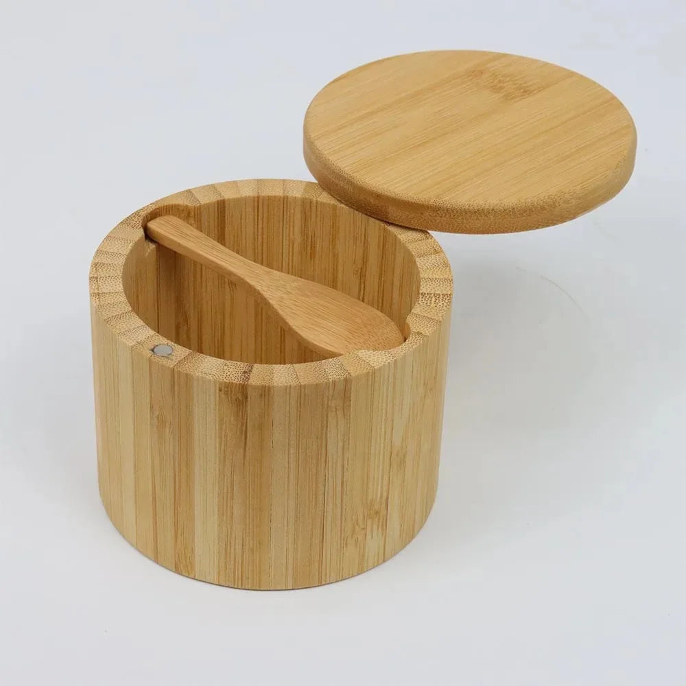 Bambus Salzkeller mit Mini-Löffel Drehverschluss Gewürzbehälter rund