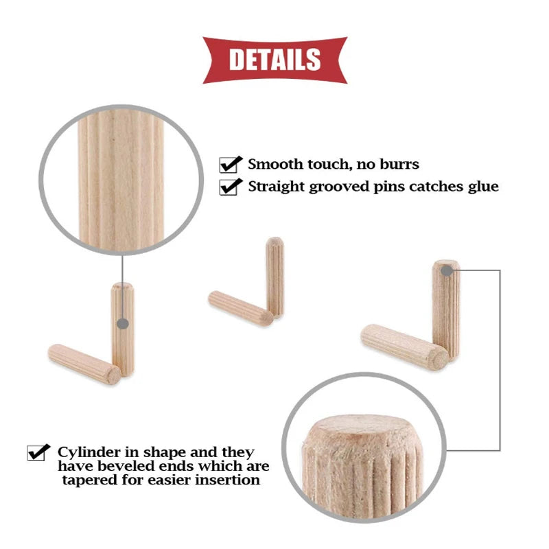 Holzdübel Set rund geriffelt für Möbel und Holz Projekte