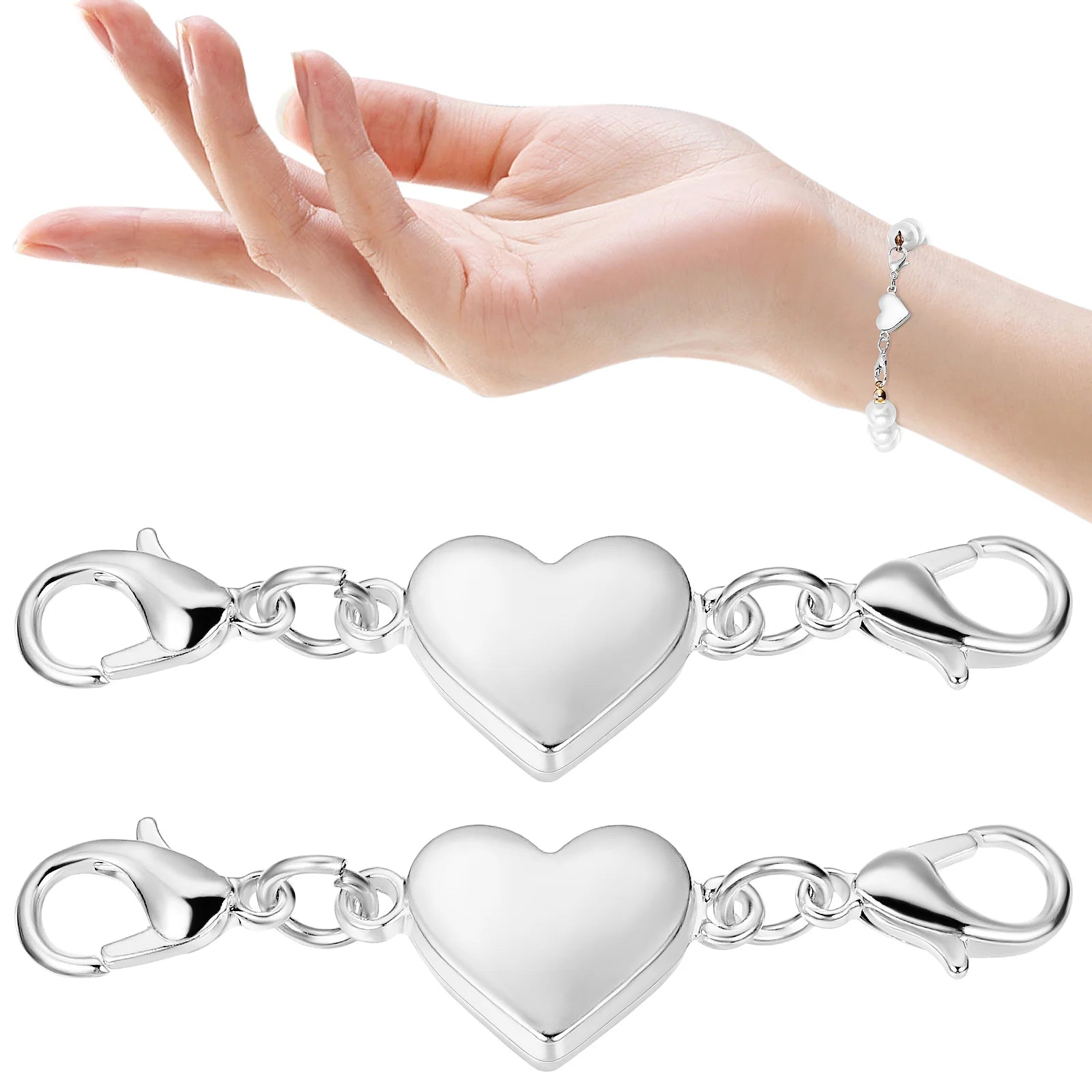 2 magnetische herzförmige Schnallenverbinder für Halsketten aus Silber-Yabubest - Home & More
