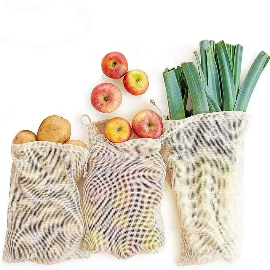 3 Stuecke Wiederverwendbare Baumwolle Netzbeutel fuer Obst und Ge