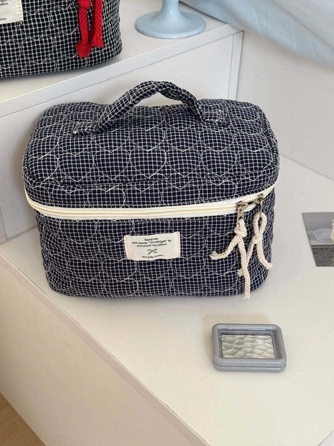 Gesteppte herzförmige karierte Damen Kosmetiktasche große Kapazität