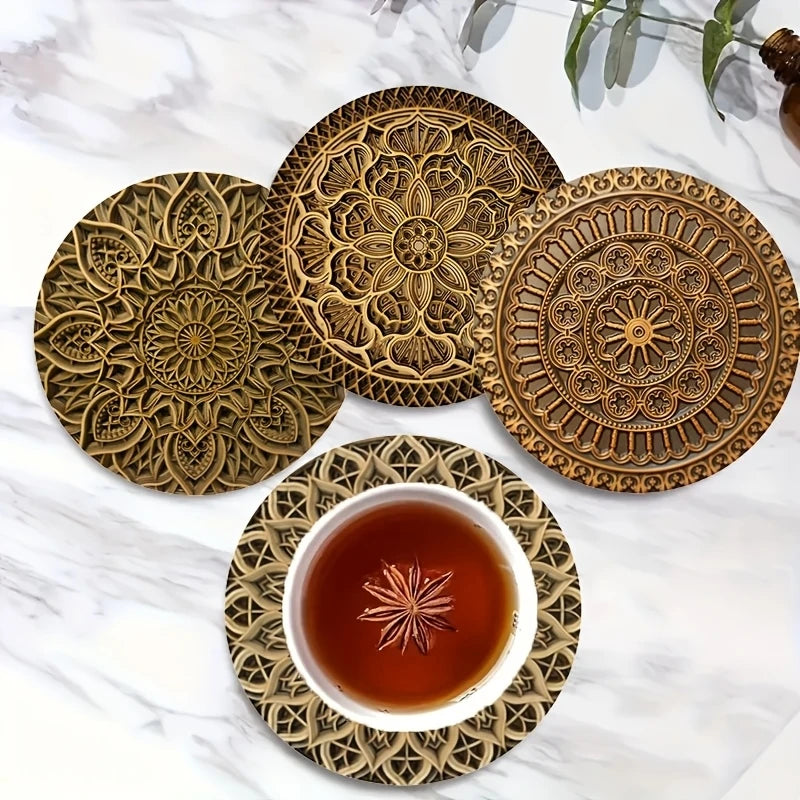 8er Set Holzuntersetzer im Boho Design für Getränke und Dekoration