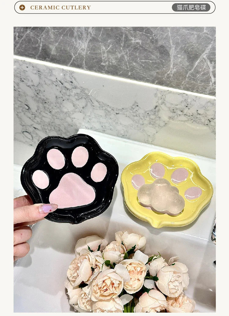 Keramikseifenspender mit Katzenpfoten Motiv für Dusche und Bad