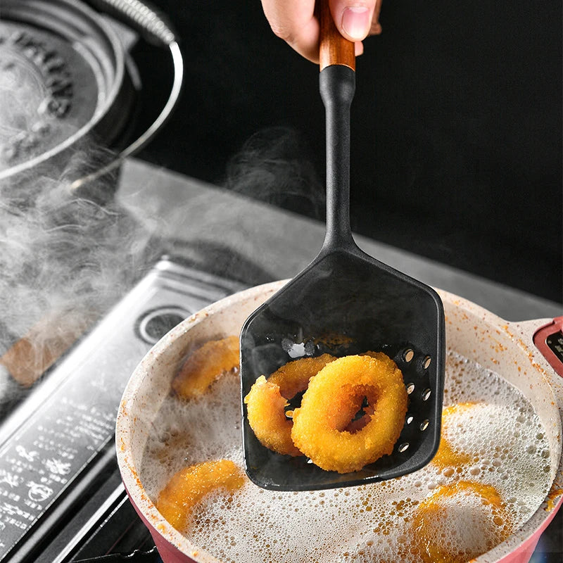 7 teiliges Silikon Kochwerkzeugset mit Holzgriff Schwarz für die Küche-Yabubest - Home & More