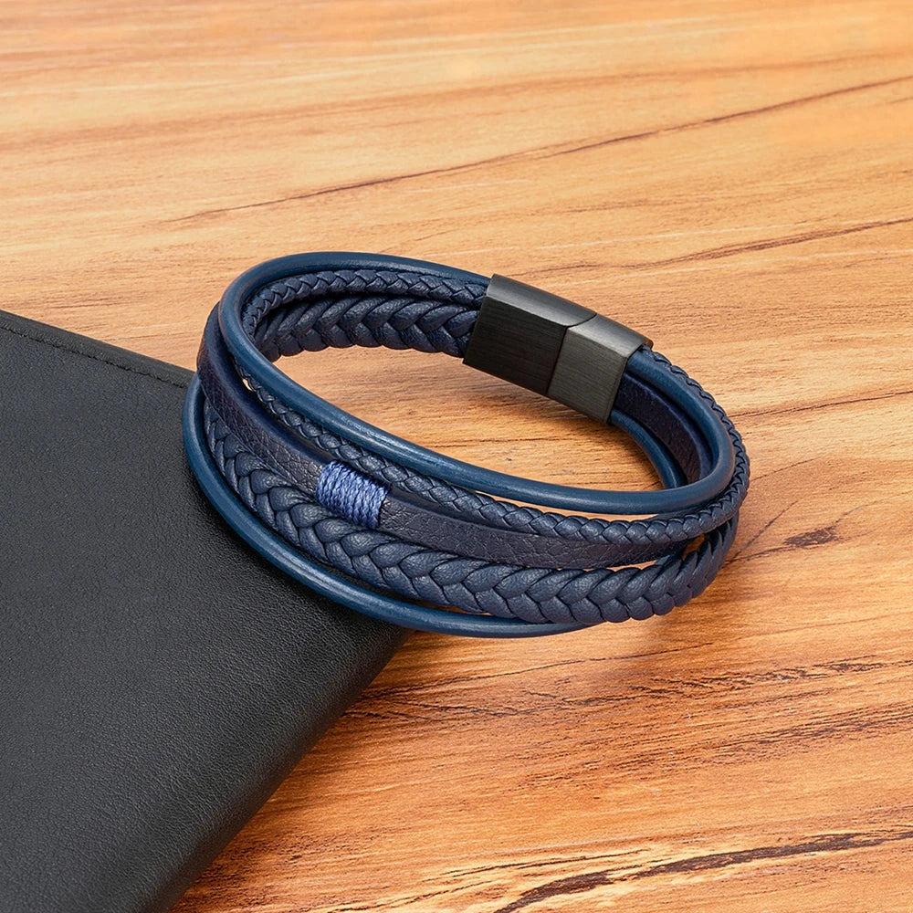 Luxus mehrschichtiges Lederarmband mit Edelstahl Magnetverschluss für Männer