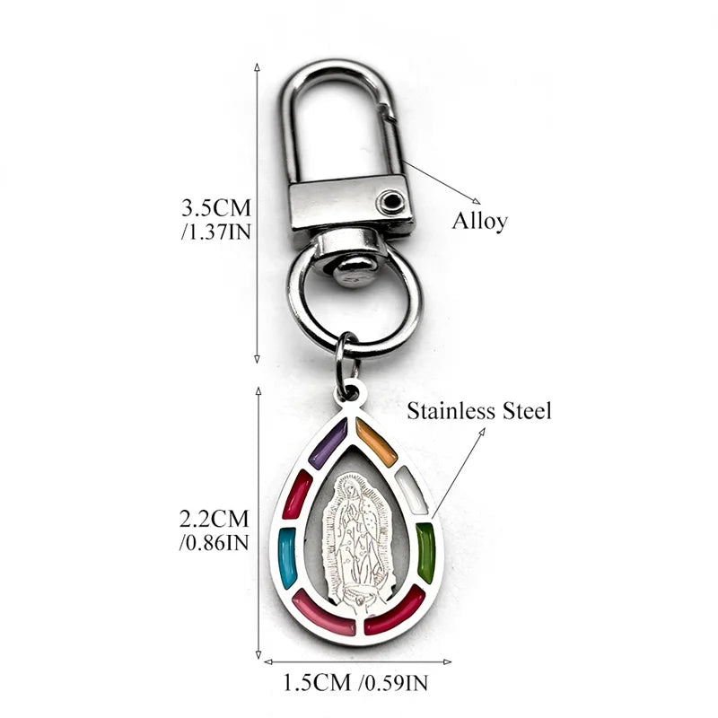 Schlüsselanhänger Jungfrau Maria Edelstahl mit Goldfarbener Emaille Tropfenform