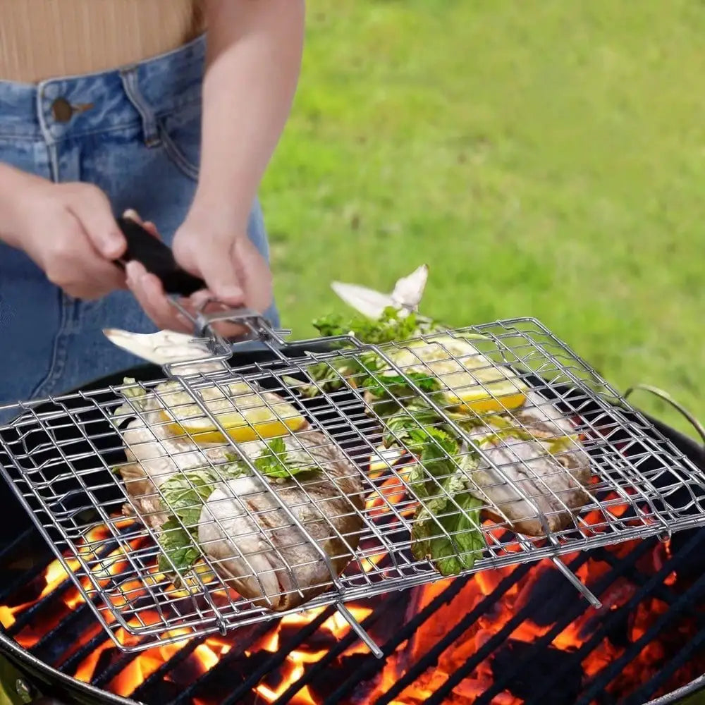 Faltbarer Edelstahl-Camping-Grill mit abnehmbarem Griff – leicht - robust