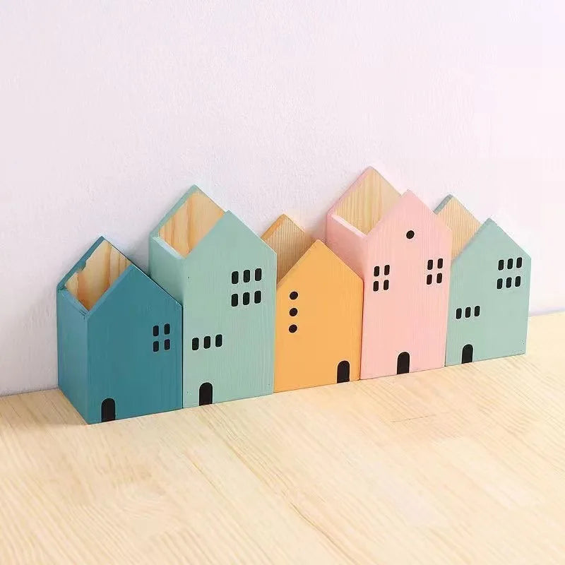 Holz Haus Stifthalter Cartoon Desktop Organizer Bleistift Make-up Pinsel Box