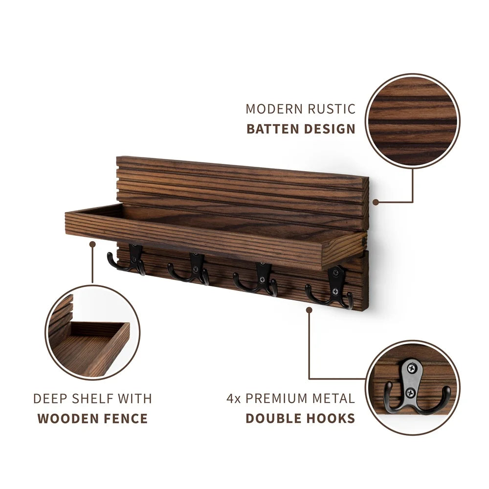 Rustikaler Holz Schlüsselhalter mit Regal und 4 Haken für Eingang