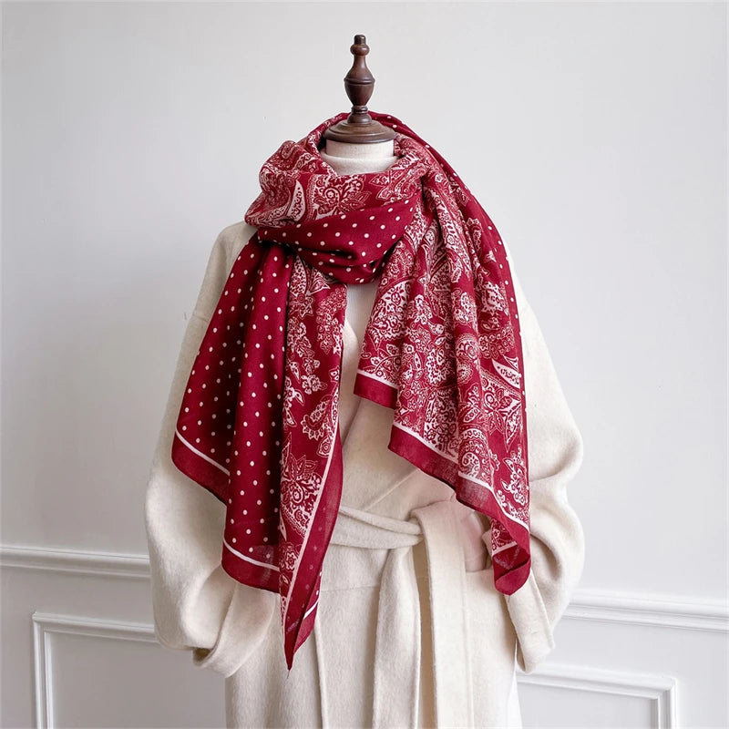 Roter Damen Schal Paisley Polyester Lang Warm Foulard Poncho Echarpe