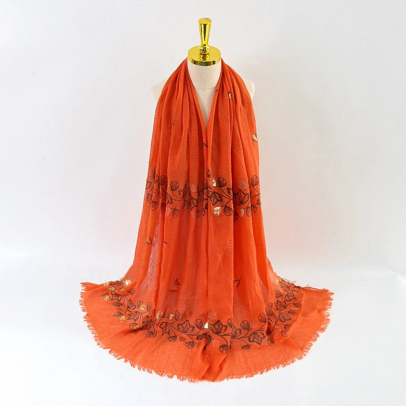 Damen Baumwoll-Leinen Schal Gold Bedruckt Quadratisch Kleine Blumenmuster