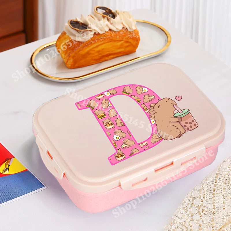 Niedliche Capybara Lunchbox mit A-Z Buchstaben, Single Layer Bento Box