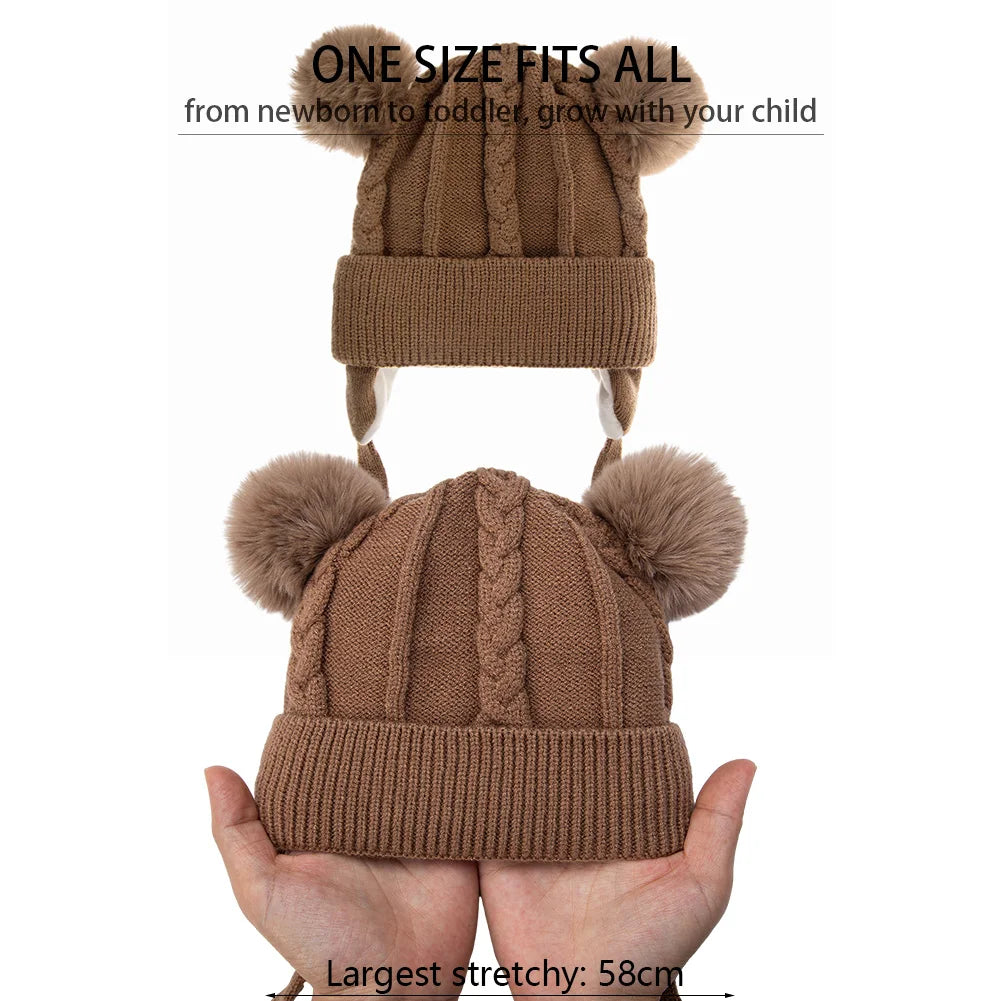 Warme Baby Strickmütze mit Bär Motiv und Baumwollfutter für 1-3 Jahre