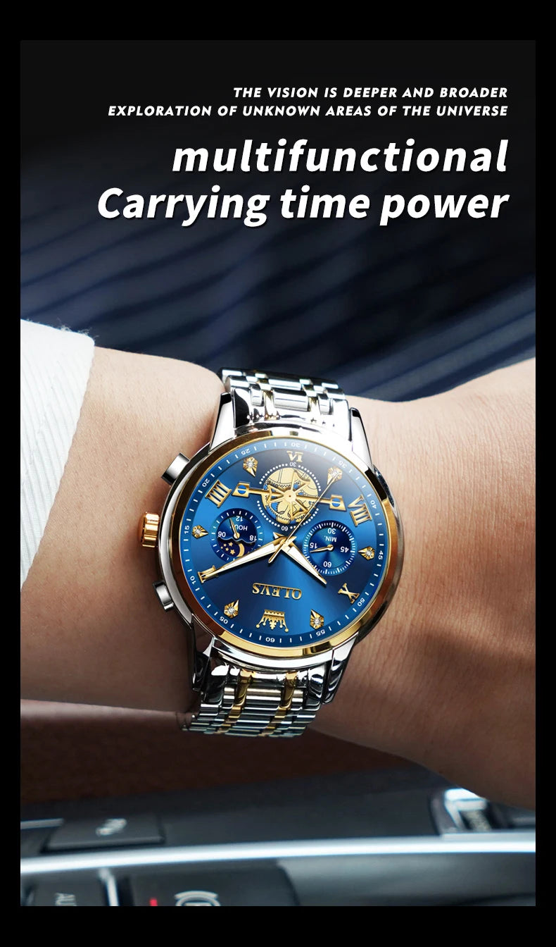 Klassische Herrenuhr mit Mondphase und Wasserdichtigkeit 3BAR