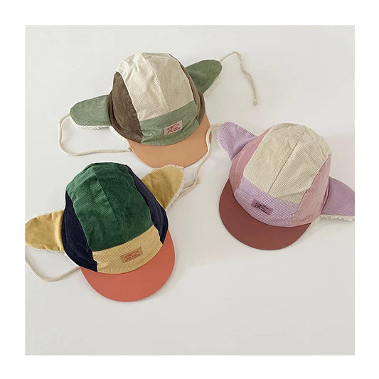 Warme Winter Patchwork Cord Baseball Caps mit Pelzfutter für Kleinkinder