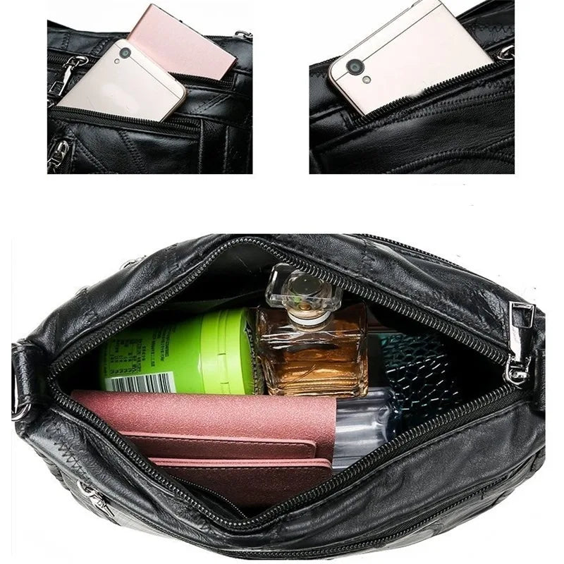 Elegante schwarze Damen Umhängetasche mit Blumen-Design - Multi Fächern