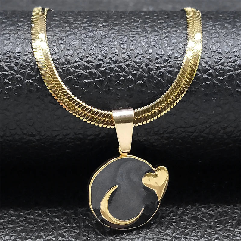 Mond Herz Emaille Lava Anhänger Halskette für Frauen Gold Edelstahl