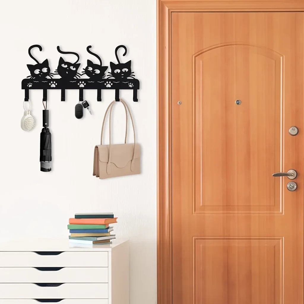 Niedliche Katzen Wandhaken aus Eisen mit 7 Haken für Schlüssel Mäntel