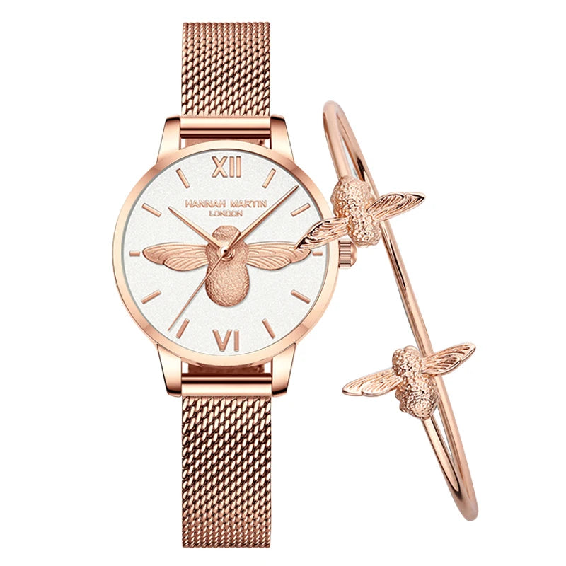 Damen Roségold Uhr Armband Set Elegante Bienen Zifferblatt Armbanduhr