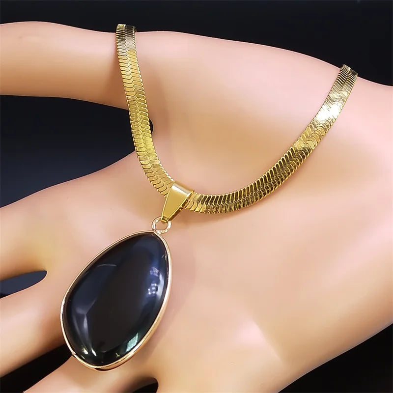 Unregelmäßiger Schwarzer Obsidian Anhänger mit Edelstahl Schlangenkette