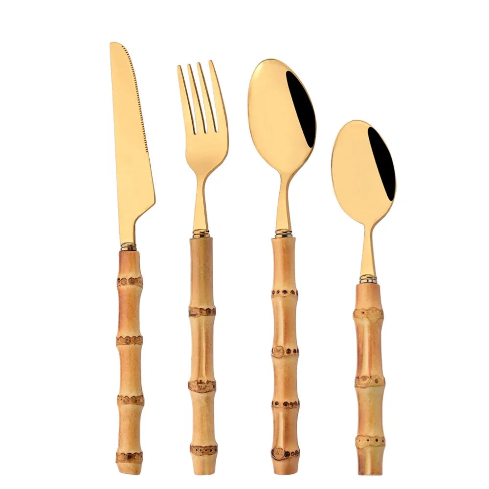 Modernes 4/5-teiliges Besteckset mit schwarzem Bambusgriff und Edelstahl-Design