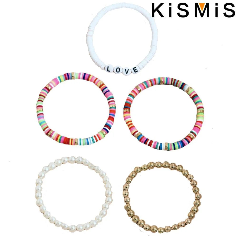5er Set bunte Tonarmbänder für Damen elastisch weich im Boho Stil