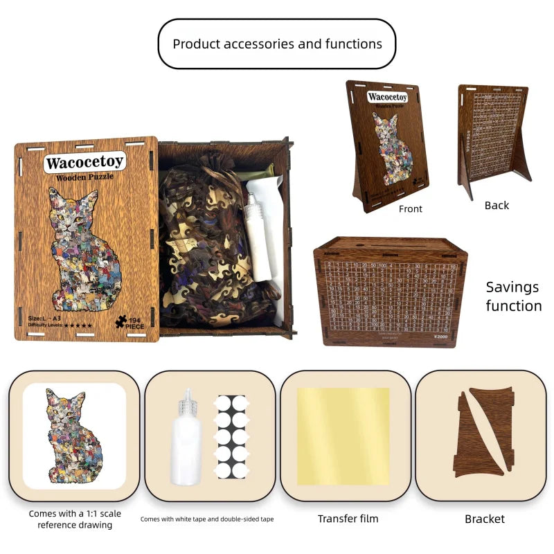 Kreatives 3D Holzpuzzle Katzenform als Sparbank und Denkspiel