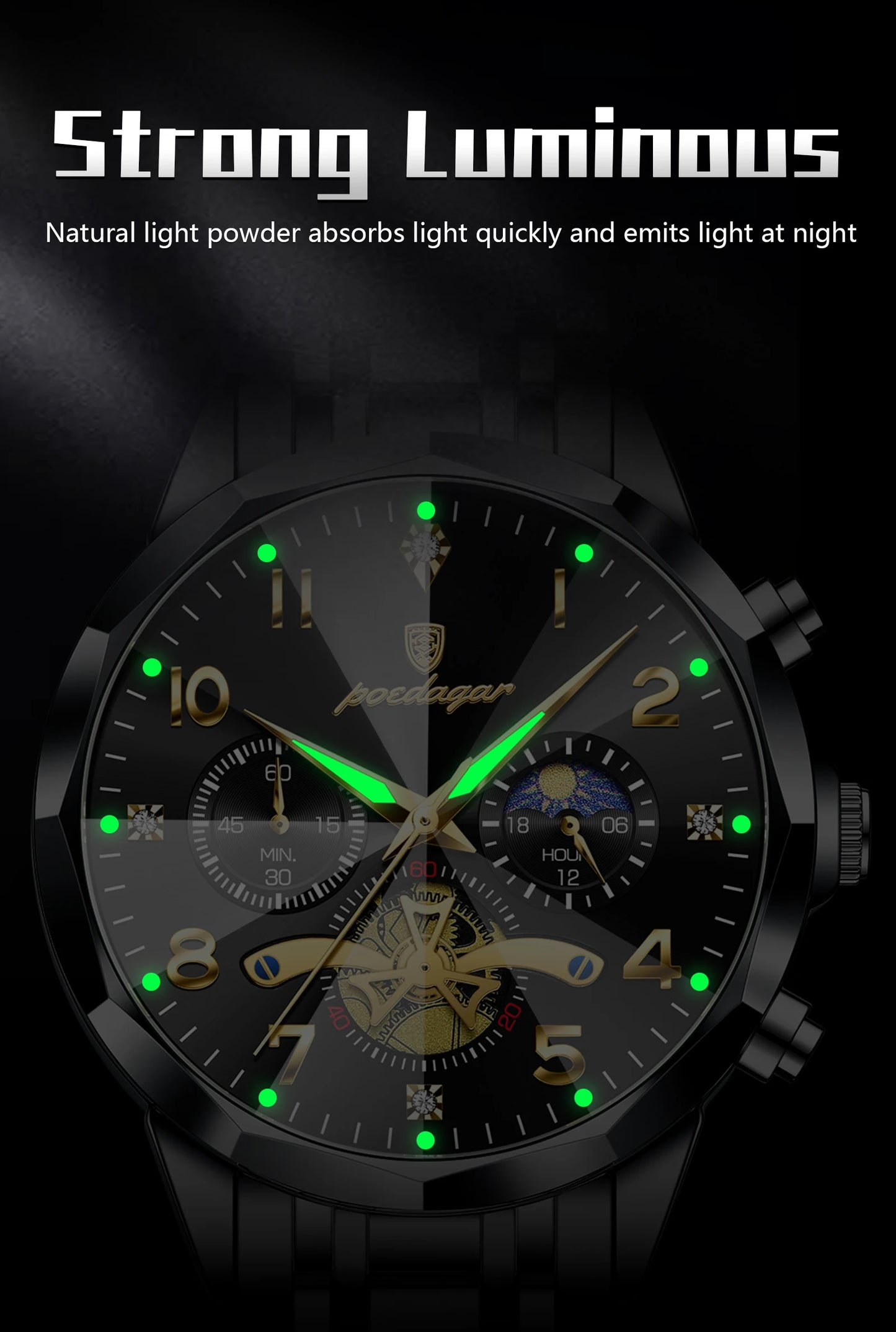 Wasserdichte Edelstahl Herrenuhr mit Chronograph und Leuchtfunktion-Yabubestshop