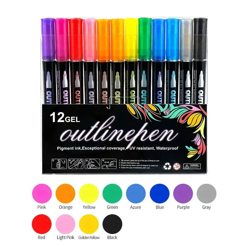 Doppellinien Konturstifte Set für Kinder – Fluoreszierend Malen Graffiti Karten