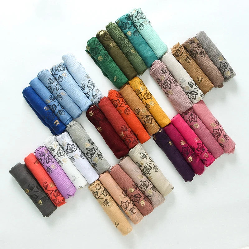 Damen Baumwoll-Leinen Schal Gold Bedruckt Quadratisch Kleine Blumenmuster