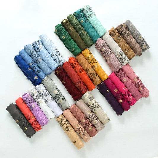 Damen Baumwoll-Leinen Schal Gold Bedruckt Quadratisch Kleine Blumenmuster