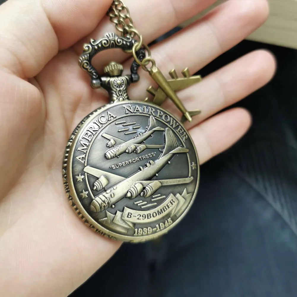 Retro Quarz Taschenuhr mit Flugzeug Anhänger Halskette