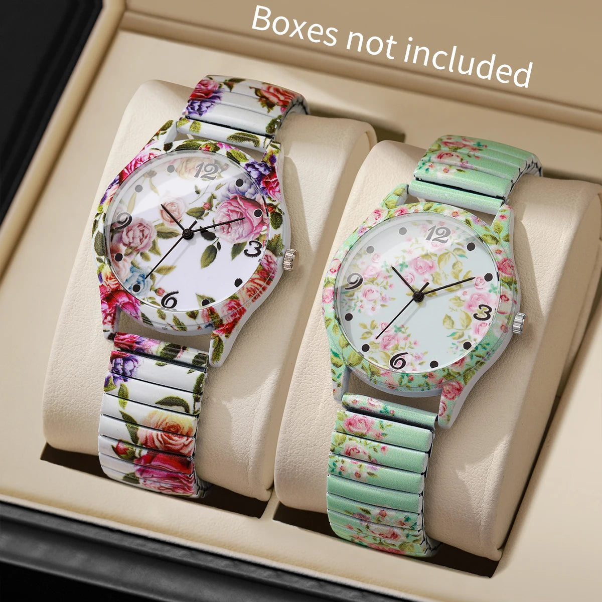 Damen Quarz Armbanduhren Set mit Blütenmotiv und Gummiband