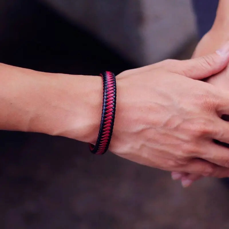 Männer Leder Armband Schwarz Geflochten Punk Steckverschluss 20,5cm