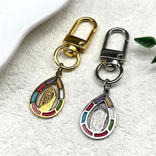 Schlüsselanhänger Jungfrau Maria Edelstahl mit Goldfarbener Emaille Tropfenform