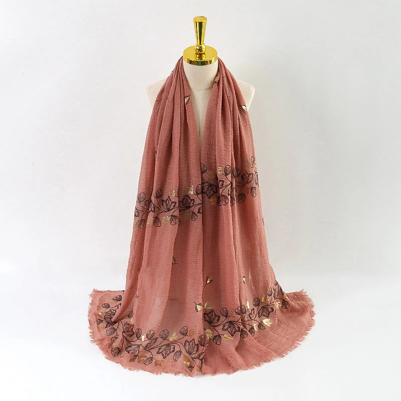 Damen Baumwoll-Leinen Schal Gold Bedruckt Quadratisch Kleine Blumenmuster