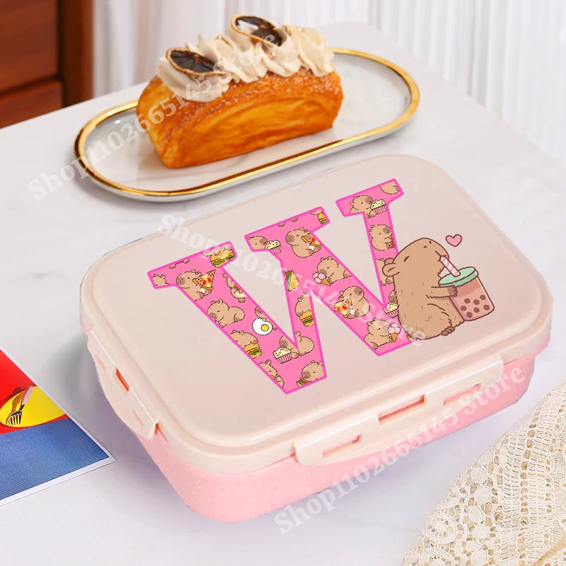 Niedliche Capybara Lunchbox mit A-Z Buchstaben, Single Layer Bento Box