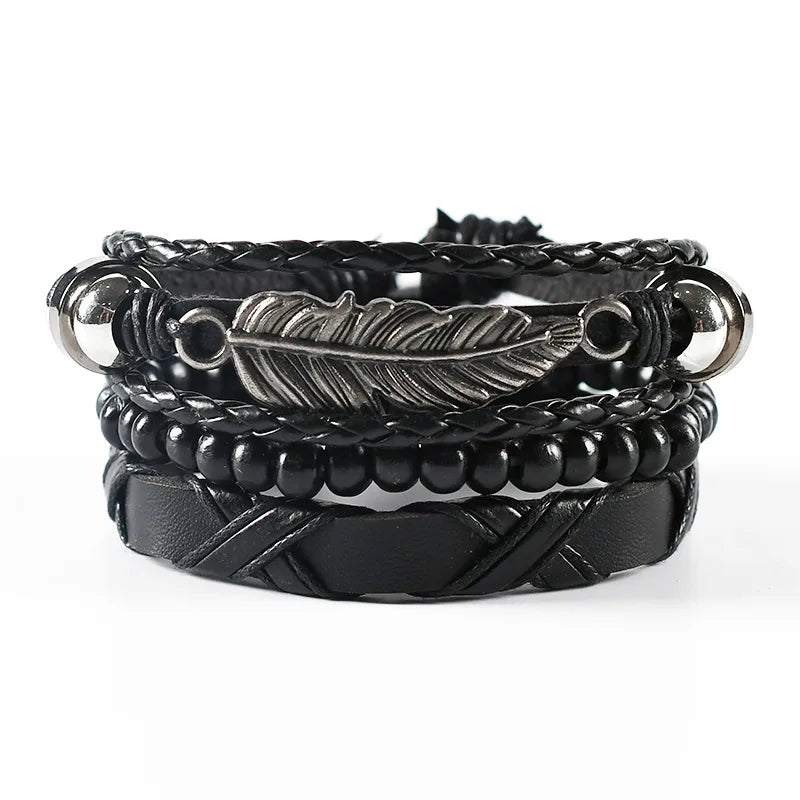 4-teiliges Herren-Lederarmband-Set mit Vintage Lebensbaum - Holzperlen